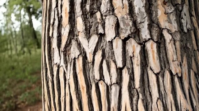 Close-up shot of weathered tree bark with distinct patterns, showing textured layers, grooves, and natural tones of beige, brown, and gray.