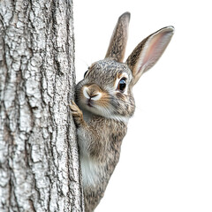 PNG Curious Bunny Hiding Behind a Tree Trunk against transparent Background