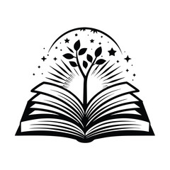 Open Book Silhouette with Tree Growth, Radiating Light, Stars, Black and White Design