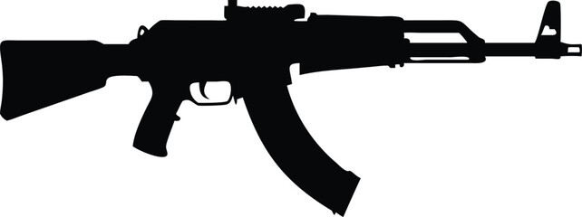 Black Silhouette of an AK47 Style Assault Rifle with Magazine on White Background