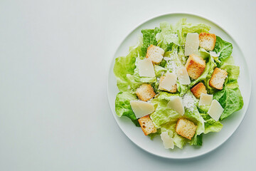Fresh Caesar salad with crisp romaine lettuce, crunchy croutons, and shaved Parmesan cheese on white plate &mdash; healthy gourmet appetizer, classic Italian dish, perfect for restaurant menu or food stylin
