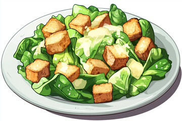 Illustrated Caesar salad with crisp romaine lettuce, crunchy croutons, and Parmesan cheese &mdash; colorful hand-drawn vector food illustration, healthy meal concept for restaurant menu or kids coloring boo