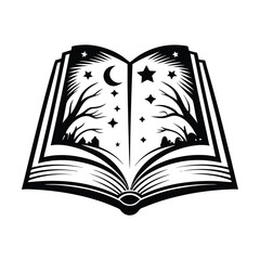 Open Book Silhouette with Night Sky, Moon, Stars and Forest