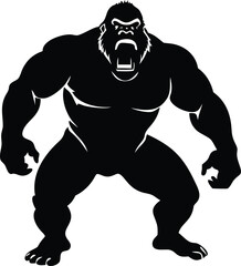 Fototapeta premium Black Silhouette of an Angry Gorilla with Open Mouth and Exaggerated Muscles