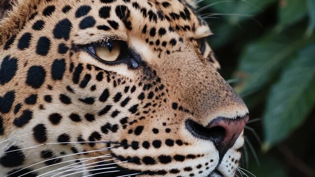 Close-up view of a leopard showcasing intricate fur patterns in lush green surroundings during daylight