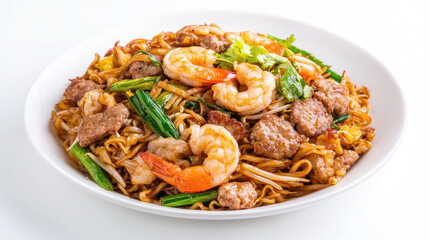 Fototapeta premium Delicious Filipino pancit with shrimp, pork, and vegetables, showcasing vibrant colors and textures that evoke sense of comfort and satisfaction
