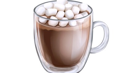 Hot chocolate drink with marshmallows in glass mug