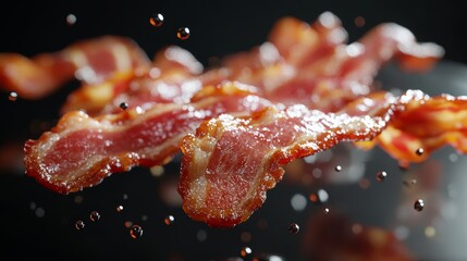 Crispy Delicious Bacon Strips Flying in Air with Grease Droplets