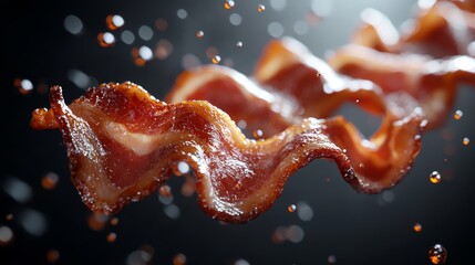 Crispy Delicious Bacon Strips Flying with Grease Droplets Close Up Food Photography