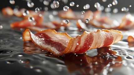 Crispy Cooked Bacon Strips with Water Droplets Close Up Shot of Delicious Breakfast Food