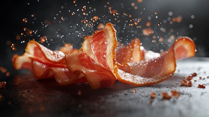 Crispy Cooked Bacon Strips with Sizzling Grease Splashes Delicious Breakfast Food