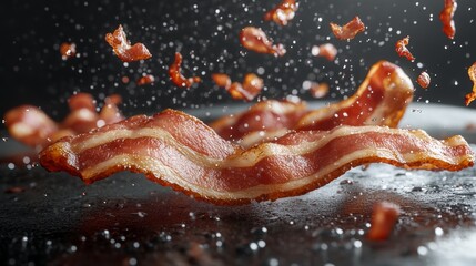 Crispy Delicious Bacon Strips Flying Juicy Breakfast Food Photography