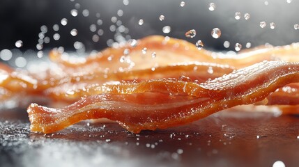 Crispy Cooked Bacon Strips Close Up Detail Shot with Water Droplets