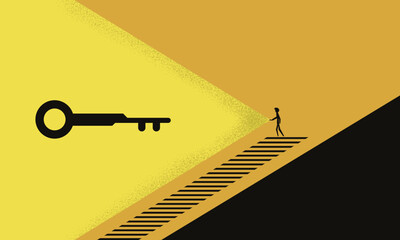 Minimalist Illustration of a Man on Stairs, Pointing His Flashlight, and Found a Giant Key. Symbolizing Opportunity, Knowledge, or Discovery in Business