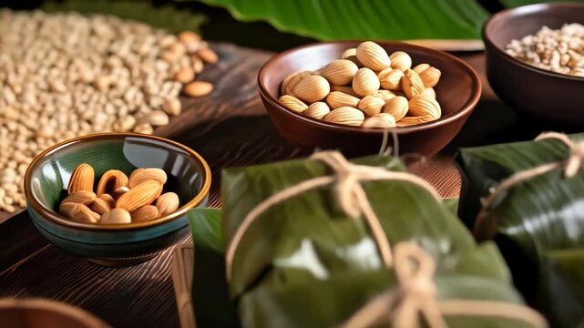 Traditional wrapped steamed dumplings made of glutinous rice and filling in green leaves displayed with beans and nuts