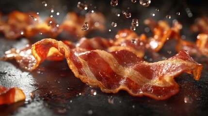 Crispy Delicious Bacon Strips Sizzling on a Pan with Water Droplets