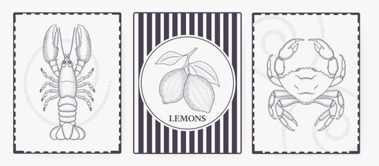 Set of trendy summer posters in engraved grunge style. Vintage prints with doodle-style, a lobster, a crab, and lemons. Vacation and beach concept. Chic design for cards, wall art, and branding. 