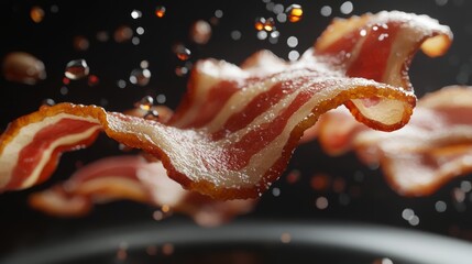 Crispy Fried Bacon Strips in Air Delicious Breakfast Food Image