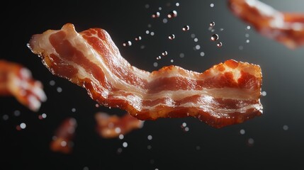 Crispy Delicious Bacon Strip Flying with Droplets Close Up Studio Shot