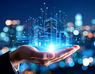 Hand holding a holographic city model