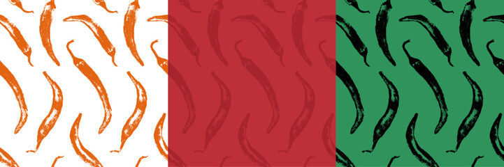 Vector seamless hand drawn chili pepper pattern. Spicy print for fabric, food packaging, kitchen textiles, and branding. Handmade style with textured brush effect.
