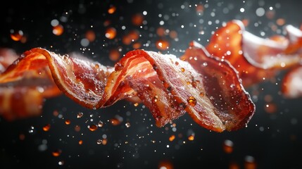 Crispy Delicious Bacon Strips in Air Food Photography Grease Splashes