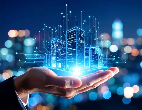 Hand holding a holographic city model - Powered by Adobe