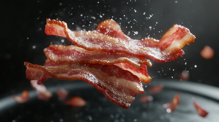 Crispy Delicious Bacon Slices in Mid Air Food Photography