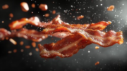 Crispy Fried Bacon Strips Flying in Air Delicious Breakfast Food Photography