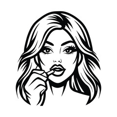 Stylized Woman Applying Lipstick, Black & White, Long Hair, Fashion Icon, Glamour