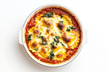 Baked cheese and spinach ravioli in marinara sauce, topped with golden bubbly mozzarella and parmesan &mdash; homemade Italian comfort food in ceramic baking dish, overhead close-up on white background.