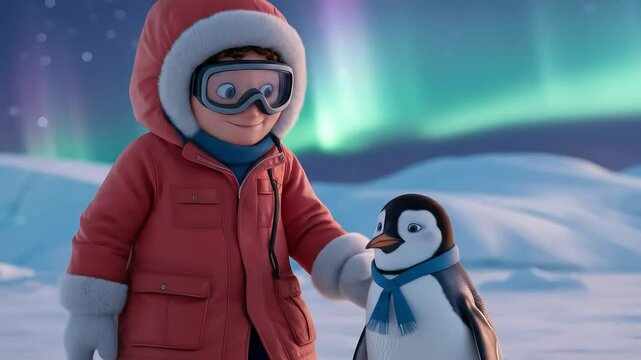 Little girl in winter red clothes observing the little pinguin  