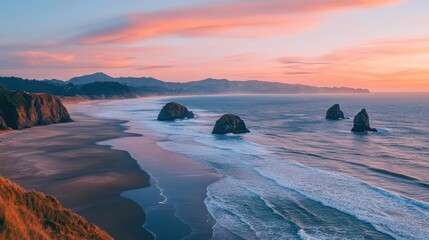 Sunset over the tranquil beach and coastal rocks at Ecola State Park in Oregon during early evening