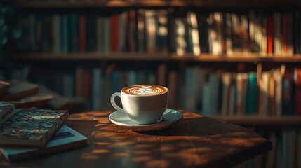 Cozy coffee cup sits on a wooden table surrounded by books in a warm library during the afternoon sun