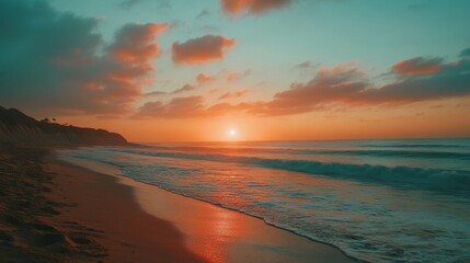 Sunset over the tranquil beach and coastal rocks at Ecola State Park in Oregon during early evening