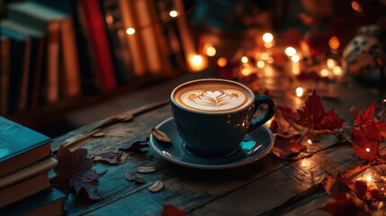 Cozy coffee cup sits on a wooden table surrounded by books in a warm library during the afternoon sun