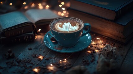 Cozy coffee cup sits on a wooden table surrounded by books in a warm library during the afternoon sun