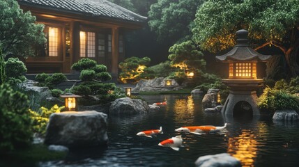 Serene garden with koi fish and traditional lanterns in a peaceful evening setting