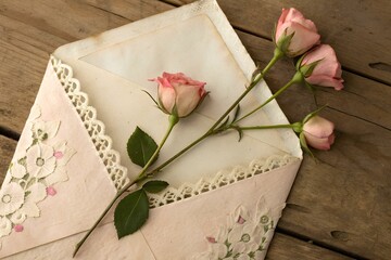 A vintage love letter resting in a lacy floral envelope with delicate pink roses on rustic wooden background, evoking nostalgia, romance, and timeless elegance