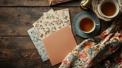 Relaxing tea time with colorful stationery and a cozy blanket on a wooden table in a serene setting