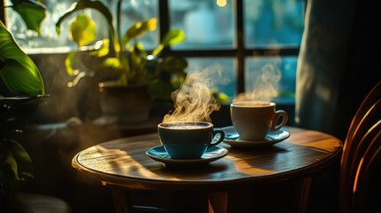 Warm cups of coffee on a wooden table with sunlight highlighting steam in a cozy setting during morning hours