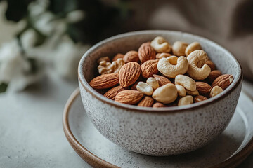 Rustic ceramic bowl of mixed nuts including almonds, cashews, hazelnuts, and walnuts &mdash; healthy snack, protein-rich superfoods, vegan diet ingredient, natural and organic food concept.