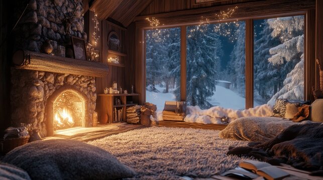 Cozy winter cabin with fireplace and mountain view during snowy evening