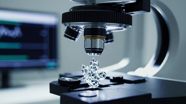 Exploring crystal formations under a microscope in a modern laboratory environment