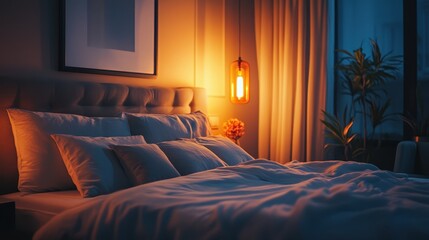 Cozy evening in a modern bedroom with warm lighting and soft textiles