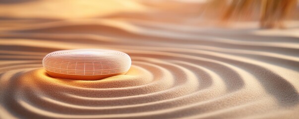 A modern stone creating ripples in a sandy surface under warm light.