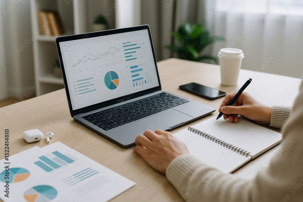 Poster analyzing data on laptop efficiently.