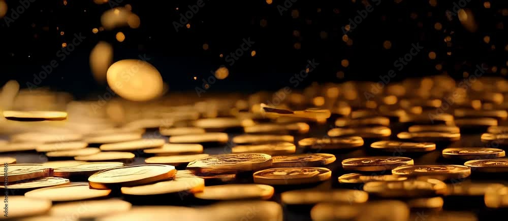 Poster golden coins falling and stacking in dynamic financial sequence