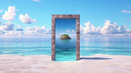 A surreal doorway opens to a tranquil sea with clouds above and a distant island visible.