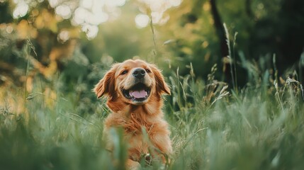 Happy golden retriever enjoying a sunny day in an open field during late afternoon